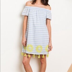Buckley K Tala Dress Cabana Sky Blue Stripe Size S Tassel Off The Shoulder. 2